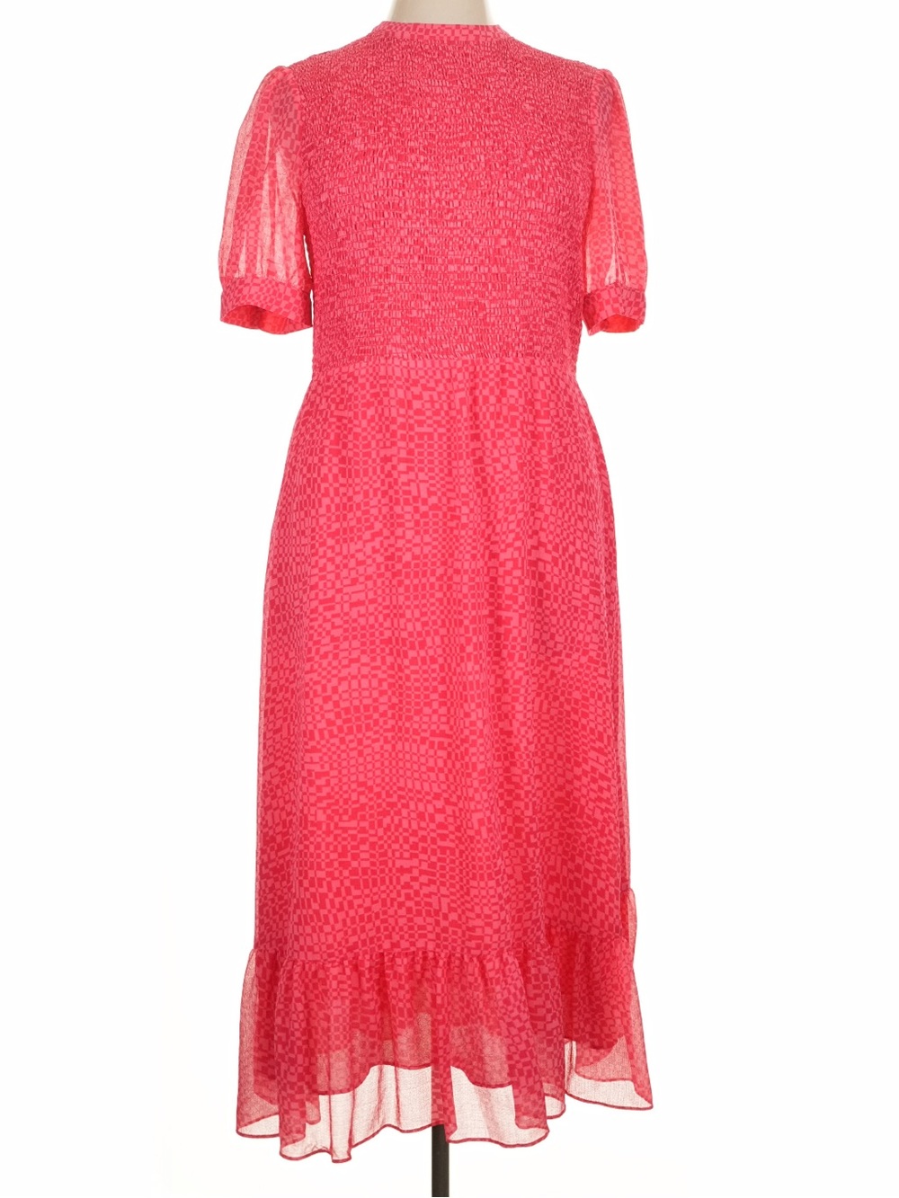 Whistles Vibrant Pink Flowy Shirred Checkerboard Midi Dress Size 14